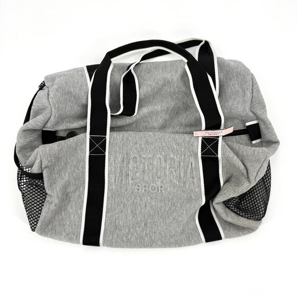 NWT VICTORIA'S SECRET GREY SOFT SPORT FLEECE MEDIUM DUFFLE BAG BLACK MESH SIDES - Picture 2 of 13